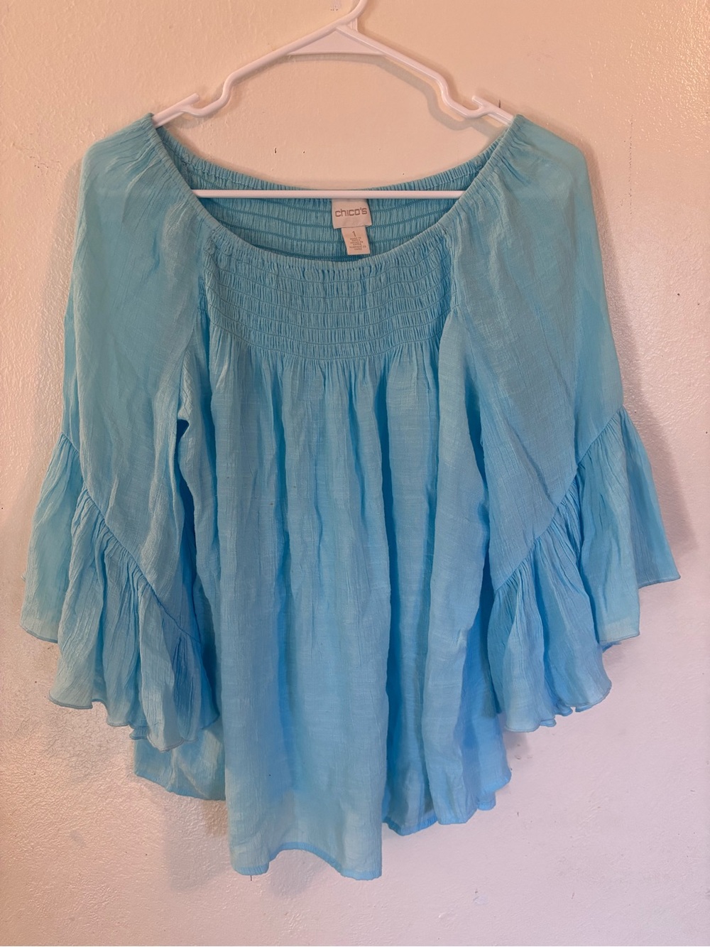 Chico's Light Blue Smocked Bell-Sleeve Tunic